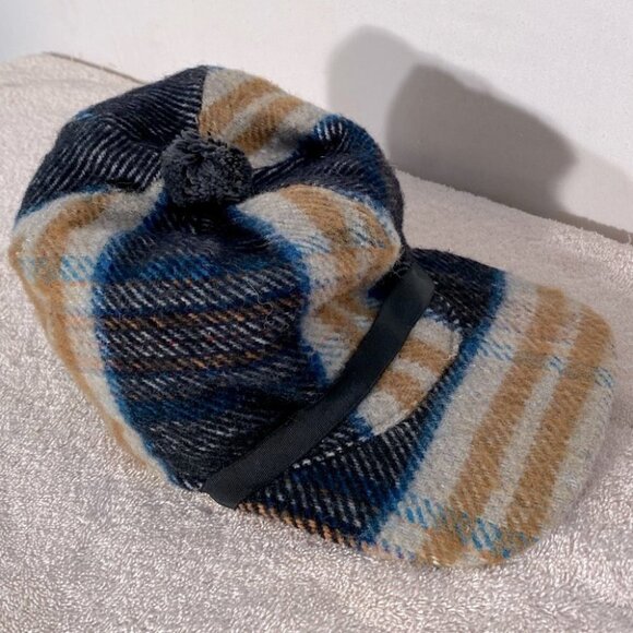 Vintage Blue White Mustard Wool Plaid Trapper Style Hat - Picture 1 of 7